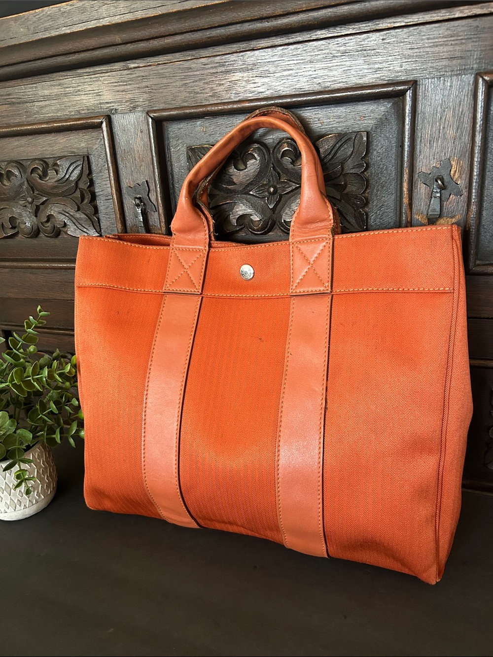 Orange Men’s Canvas Tote Bag with Leather Trim